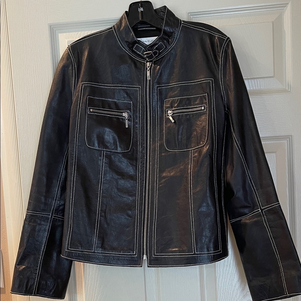 Dana Buchman Black Leather Jacket with White Stitching
